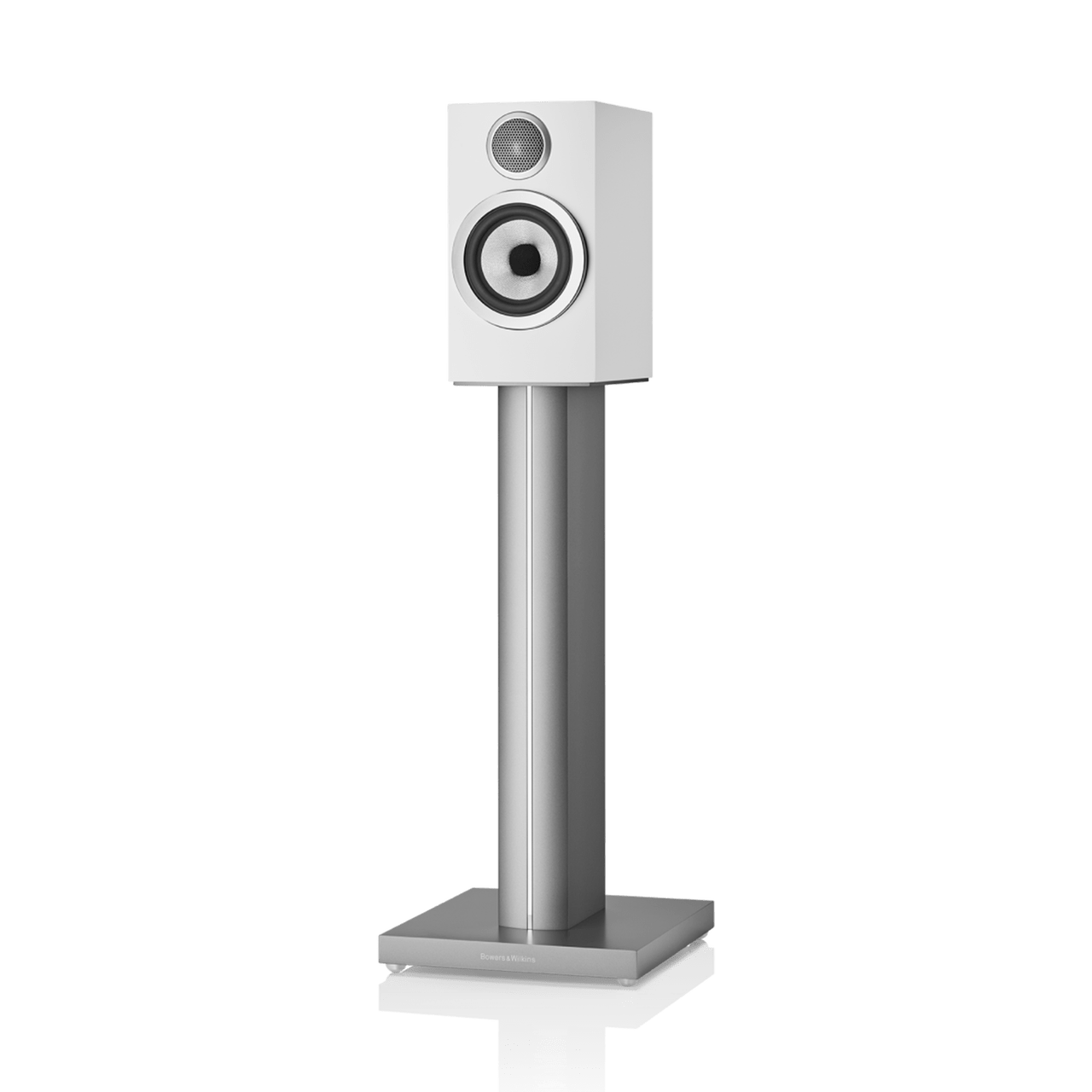 White speaker on a stand with a white background