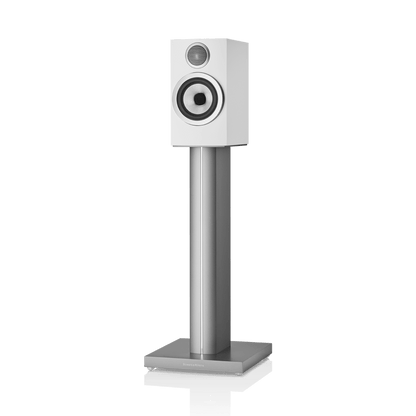 White speaker on a stand with a white background