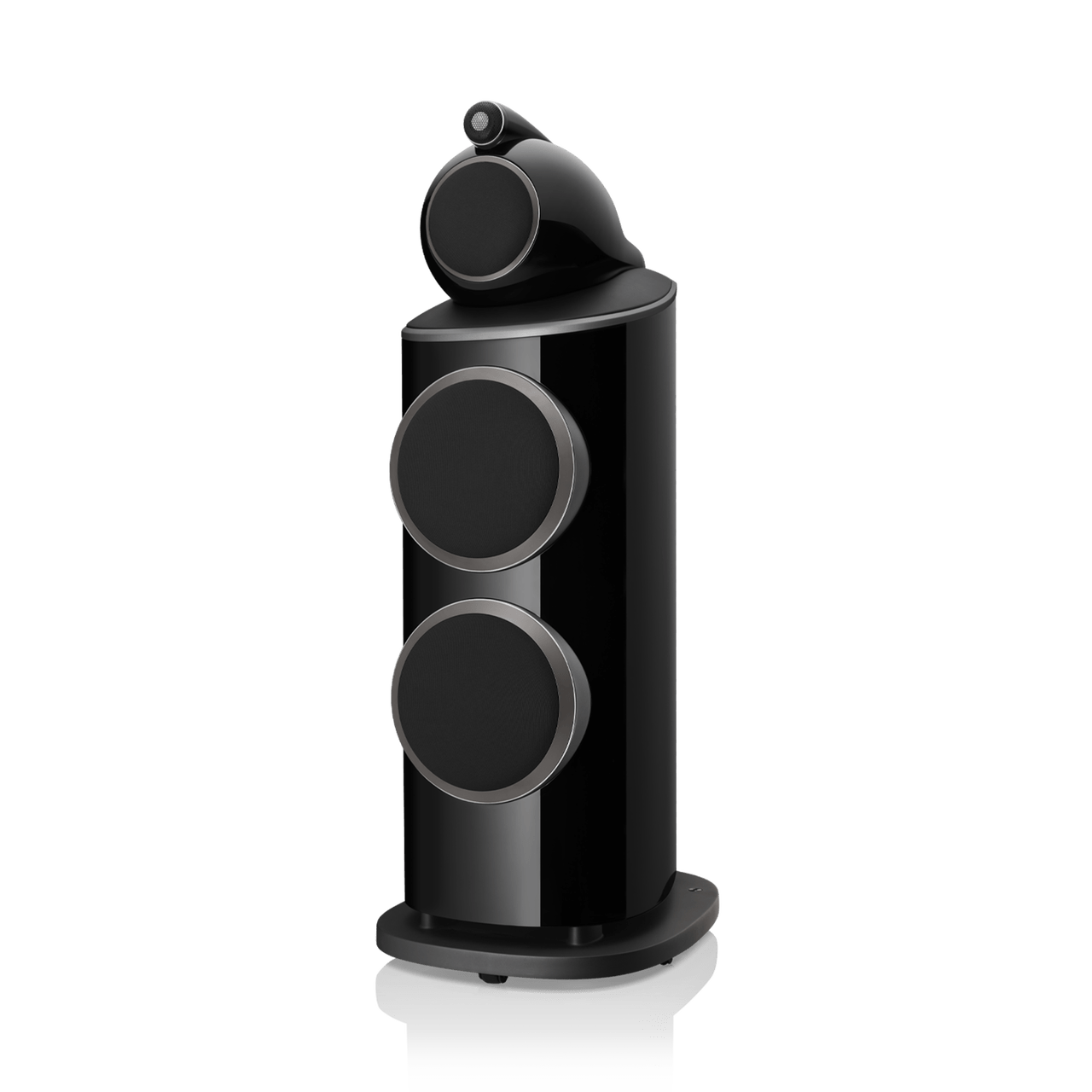 Black cylindrical speaker with three circular ports on a white background