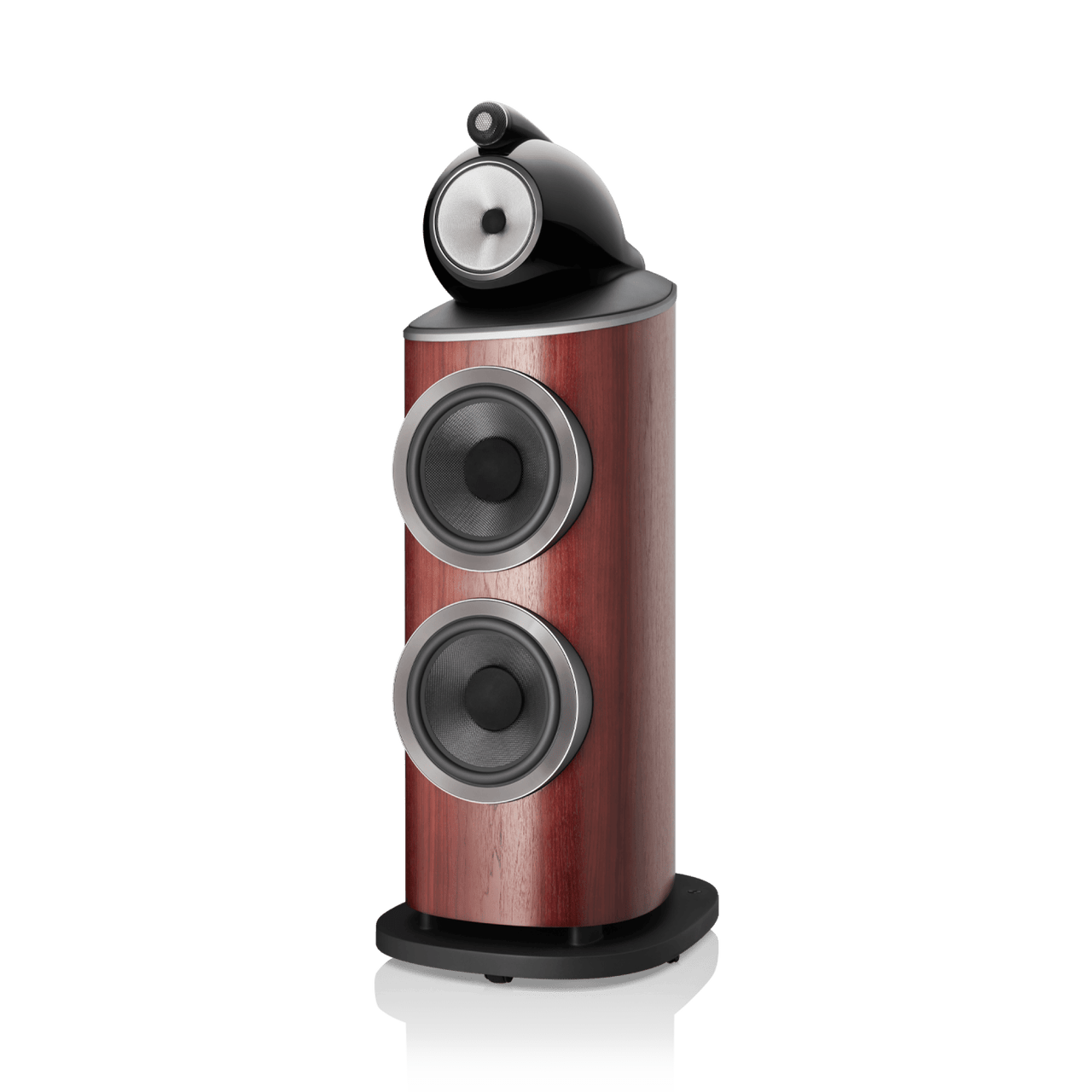 Wooden speaker with black and gray components on a white background