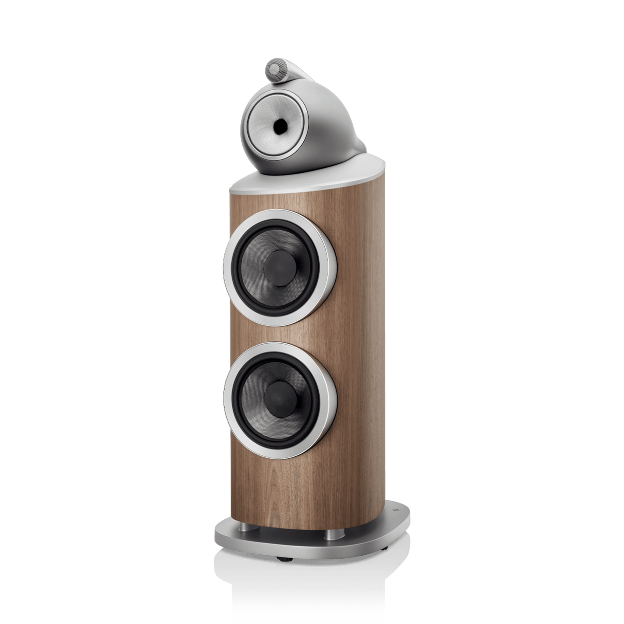Wooden speaker with silver accents on a white background