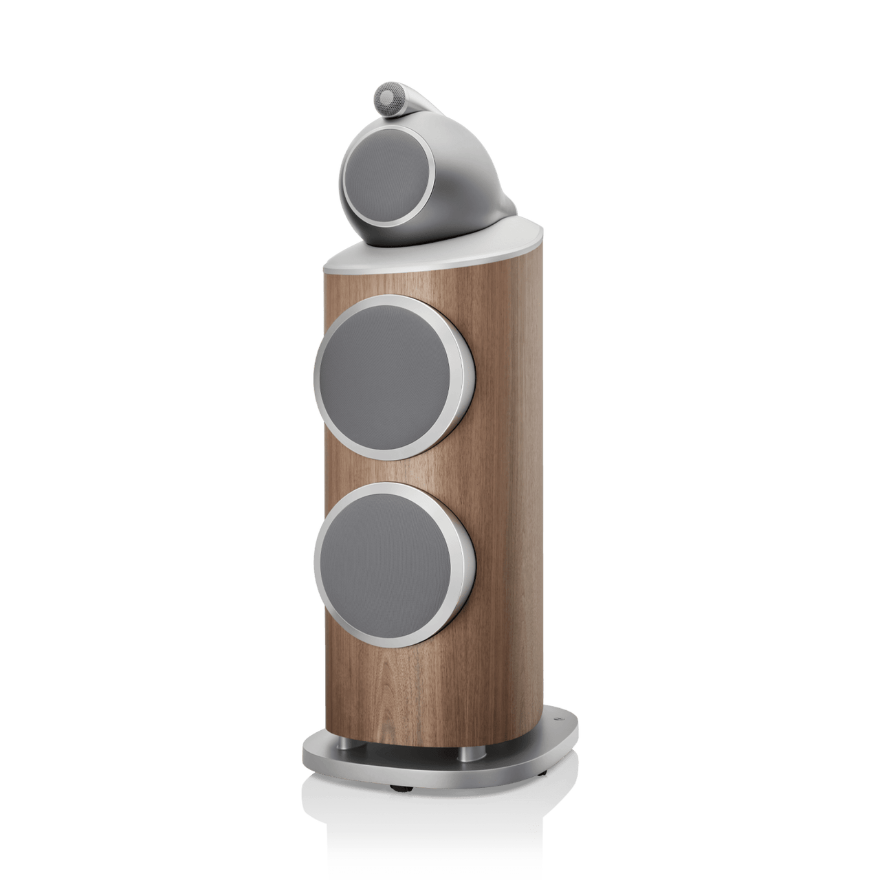 Wooden speaker with gray circular design on a white background