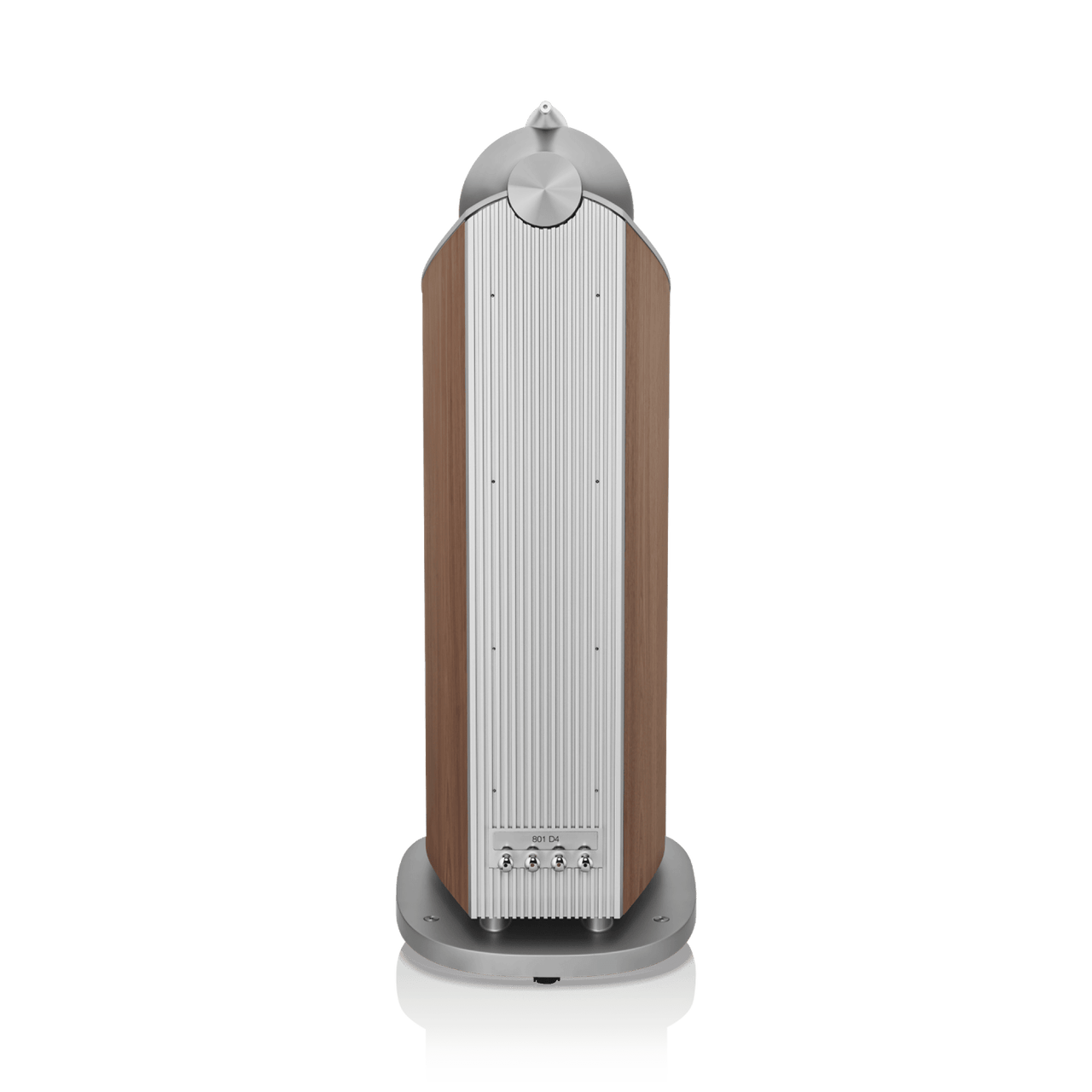 Tall cylindrical object with a wooden finish and metallic top on a white background