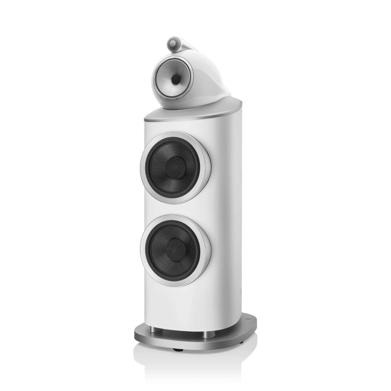 White speaker with black drivers on a white background