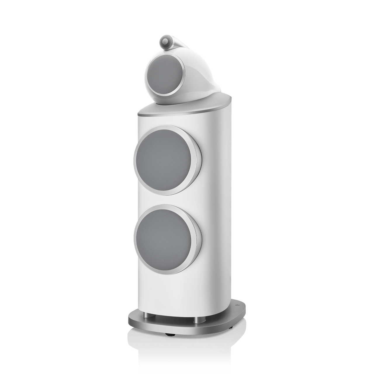 White speaker with gray circular components on a white background