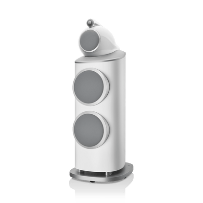White speaker with gray circular components on a white background
