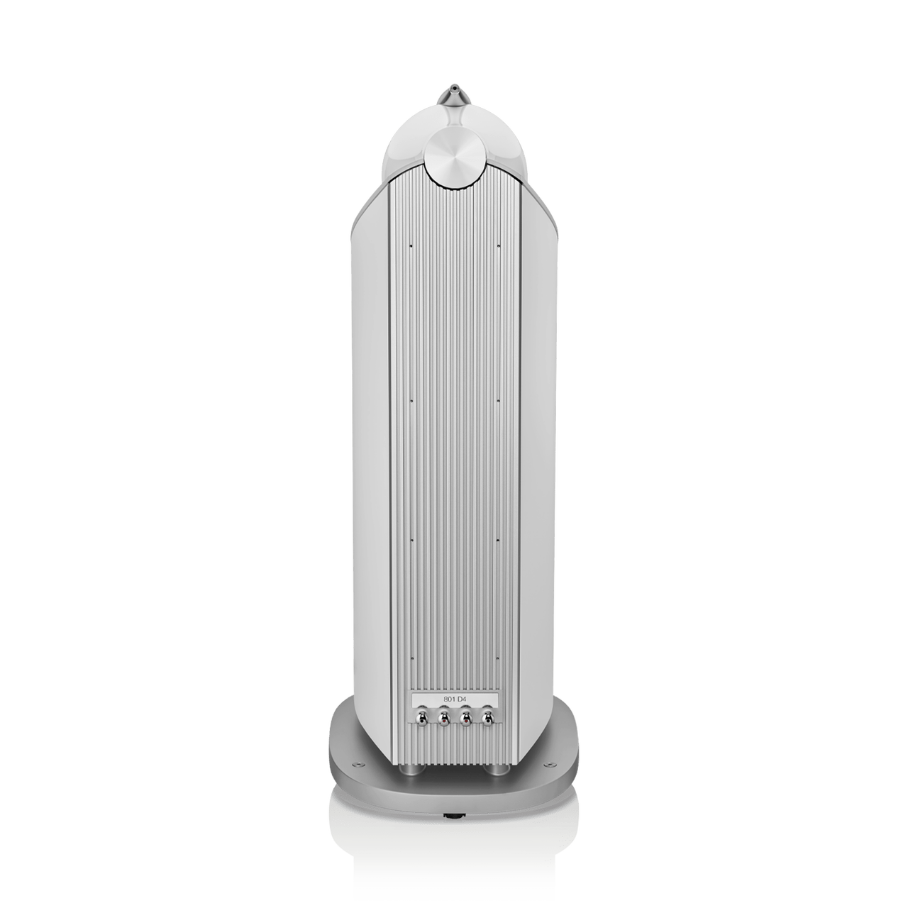 Silver cylindrical object with a reflective top on a white background