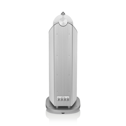 Silver cylindrical object with a reflective top on a white background