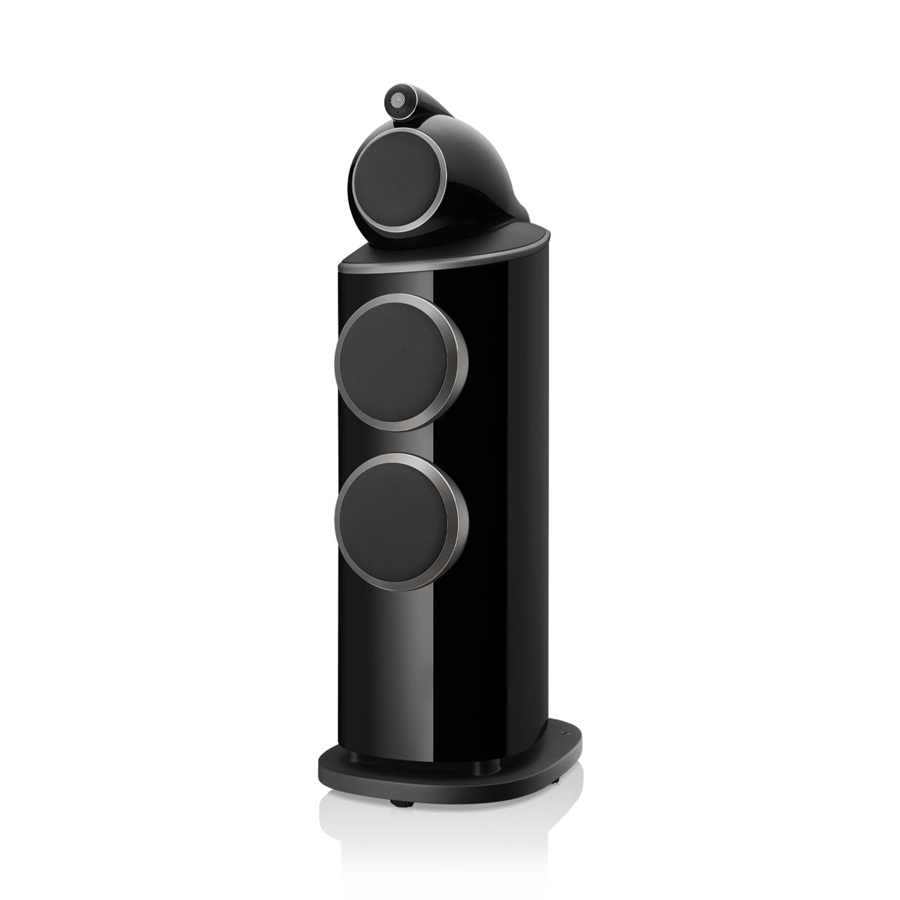 Black cylindrical speaker with three circular grills on a white background