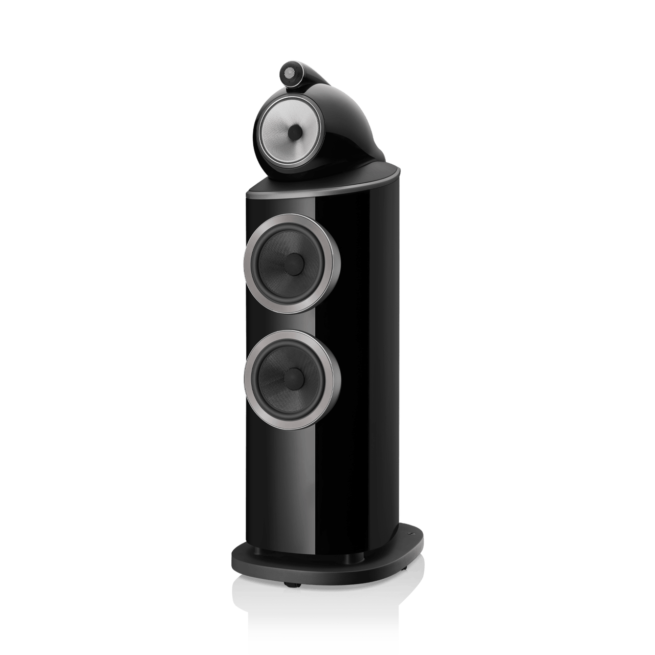 Black speaker with three circular drivers on a white background