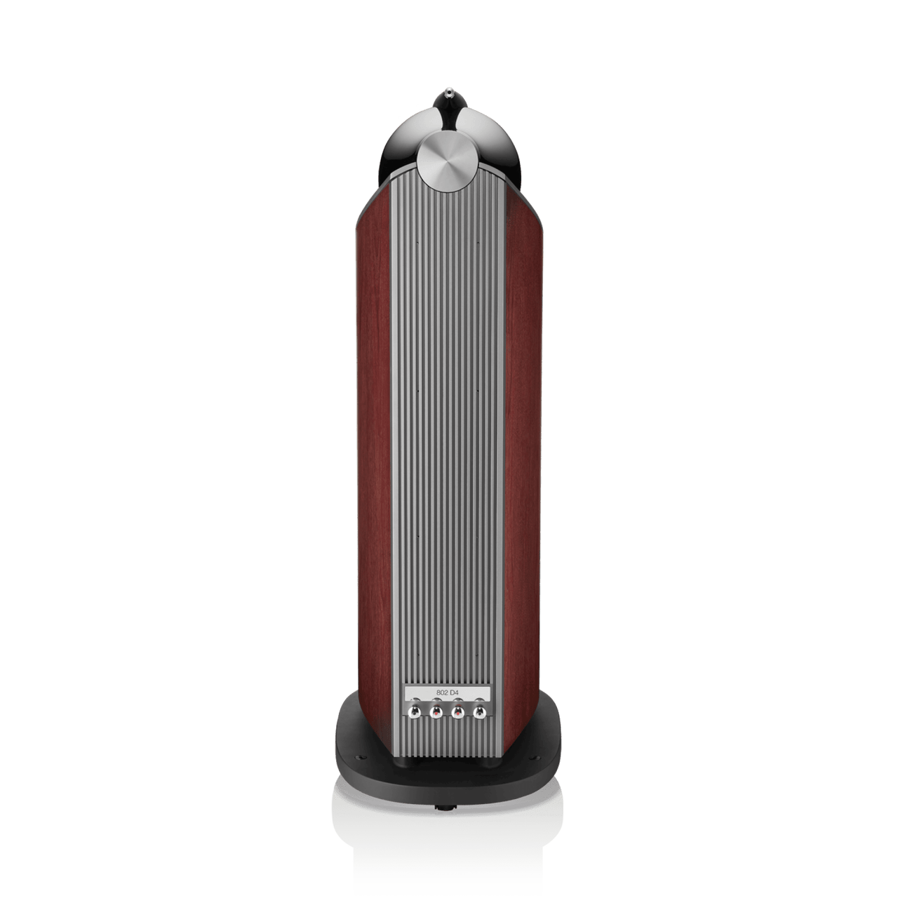 Tall, cylindrical speaker with wooden finish and metallic accents on a white background