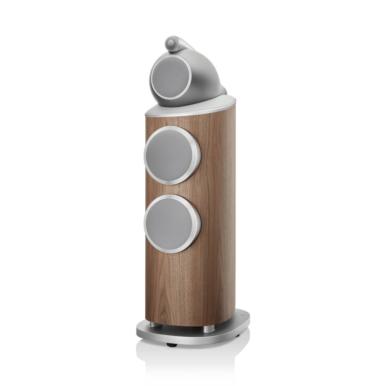 Wooden speaker with gray circular components on a white background