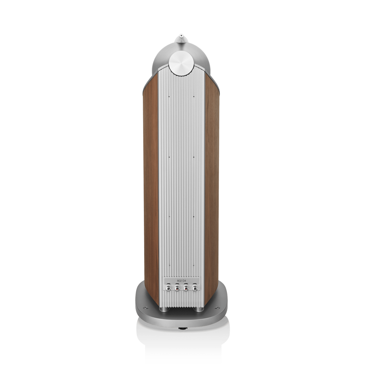 Tall cylindrical speaker with wooden finish and silver top on a white background