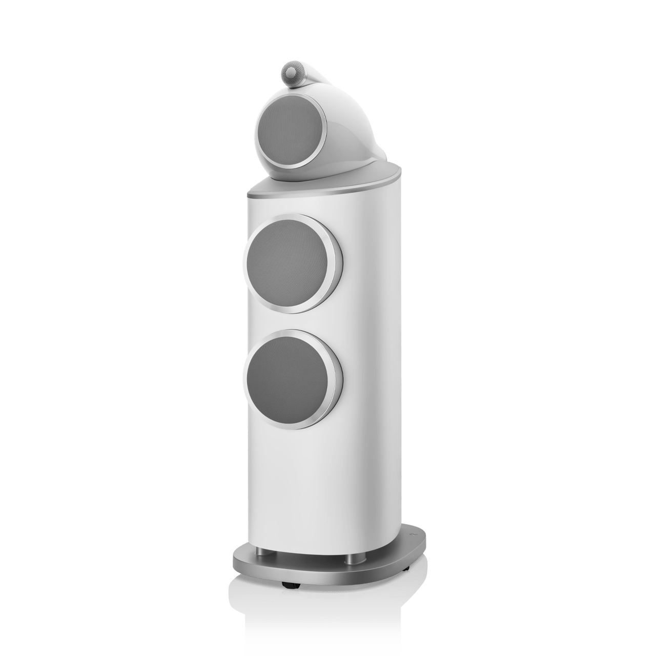 White cylindrical speaker with gray circular elements on a white background