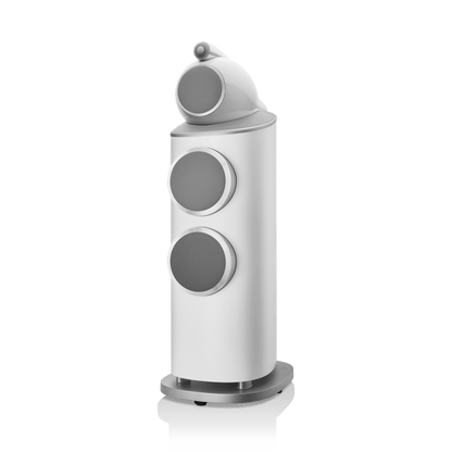 White cylindrical speaker with gray circular elements on a white background