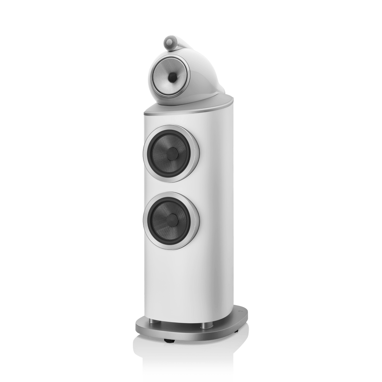 White speaker with two circular grilles on a white background