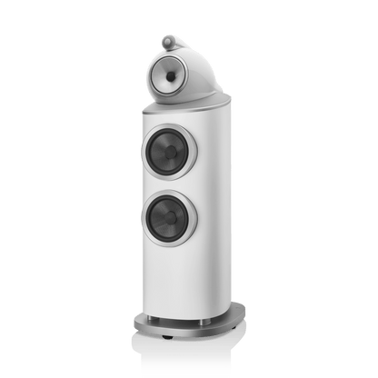 White speaker with two circular grilles on a white background