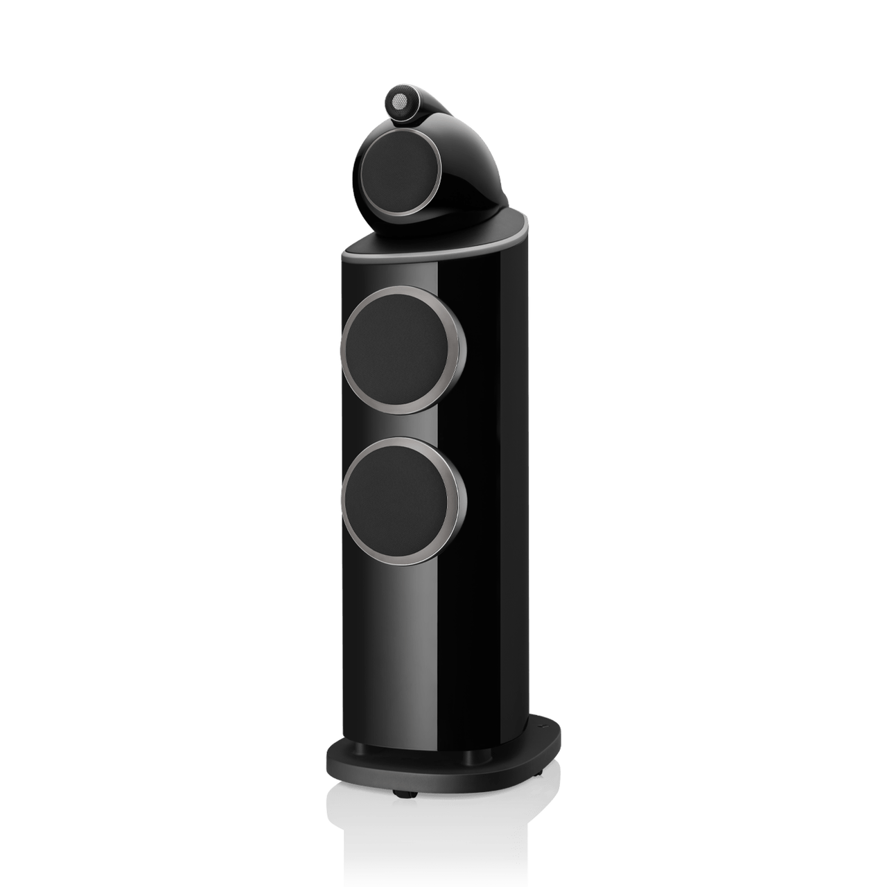 Black cylindrical speaker with multiple circular design elements on a white background