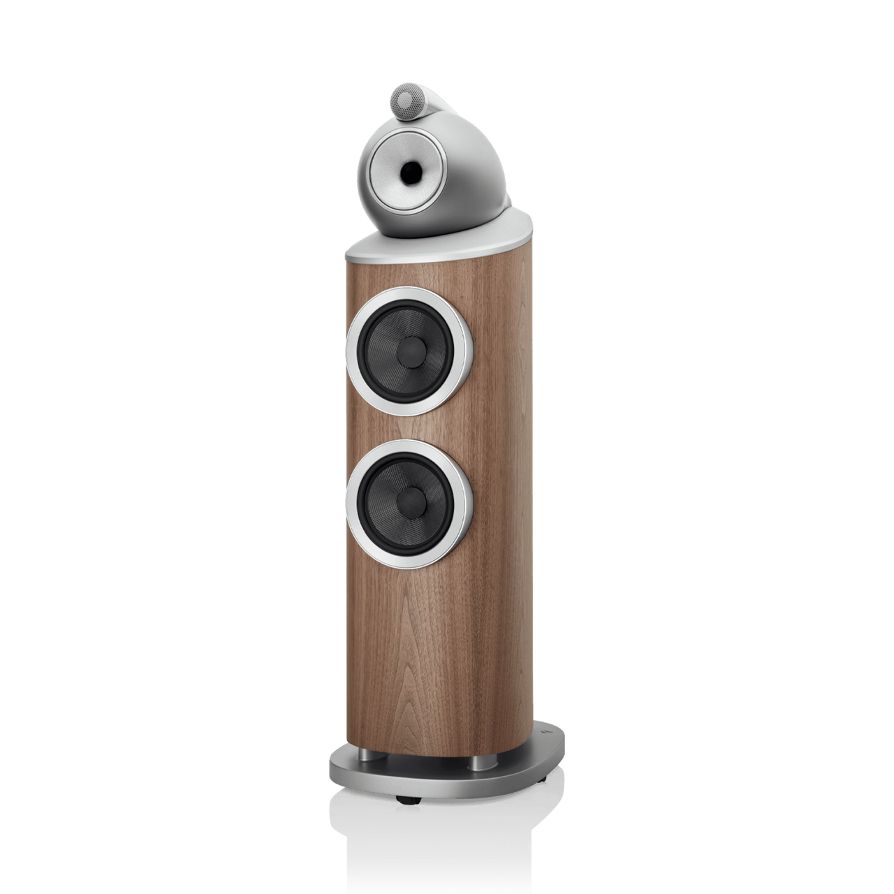 Wooden speaker with silver top on a white background