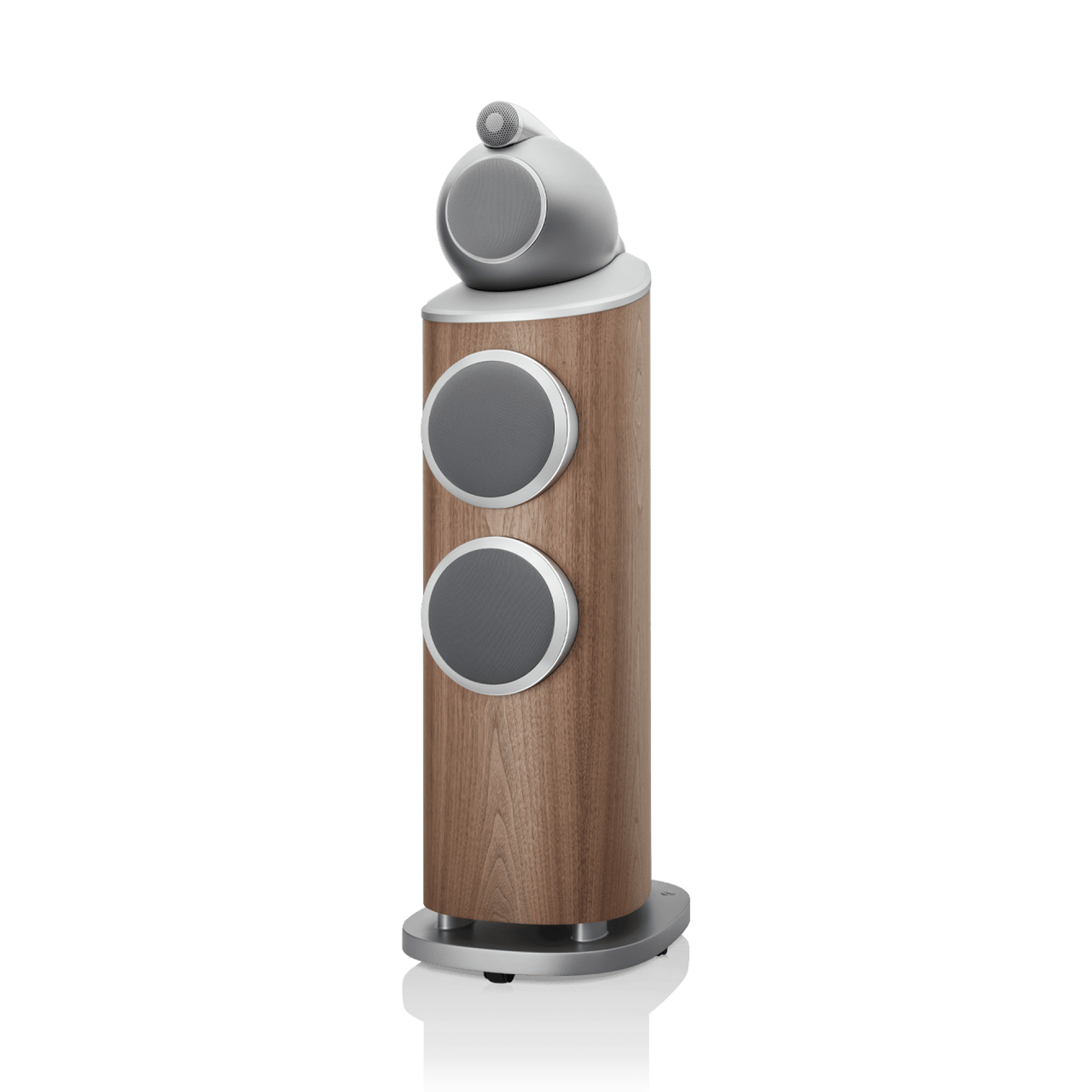 Wooden speaker with gray circular design elements on a white background
