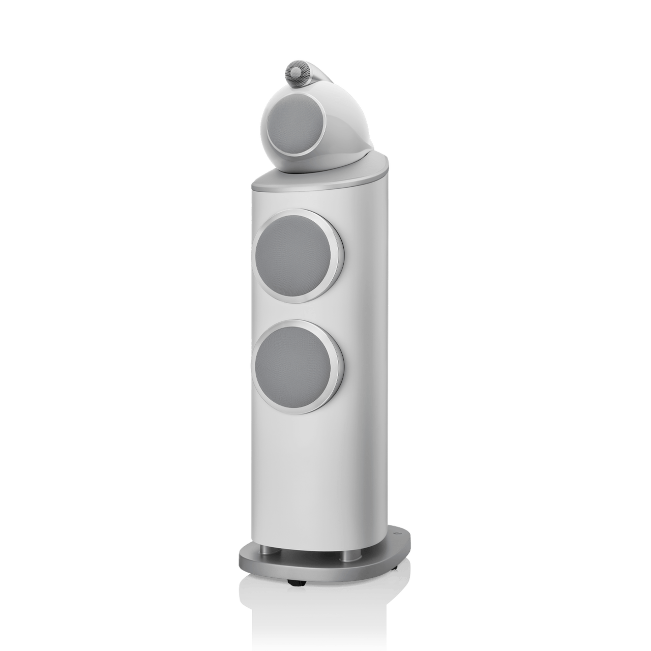 Gray cylindrical speaker with three circular ports on a white background