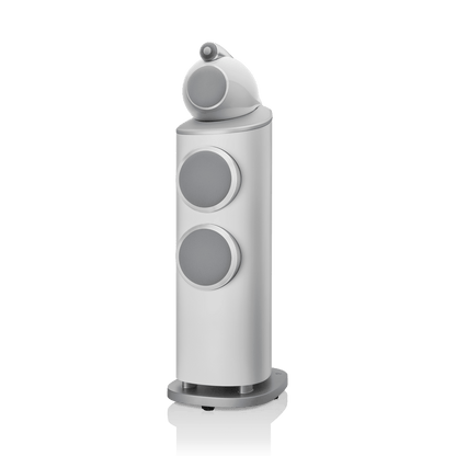 Gray cylindrical speaker with three circular ports on a white background