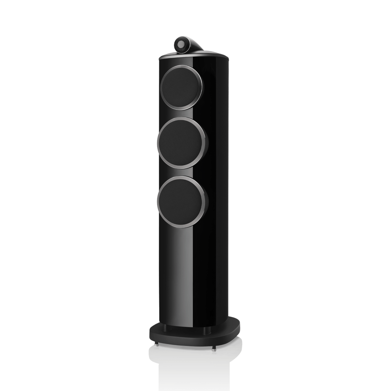 Black cylindrical speaker with three circular design elements on a white background