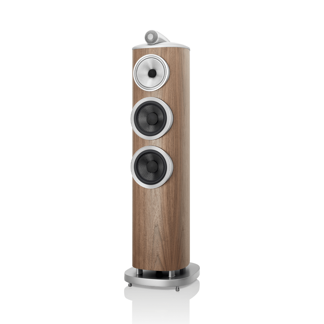Wooden speaker with metallic accents on a white background