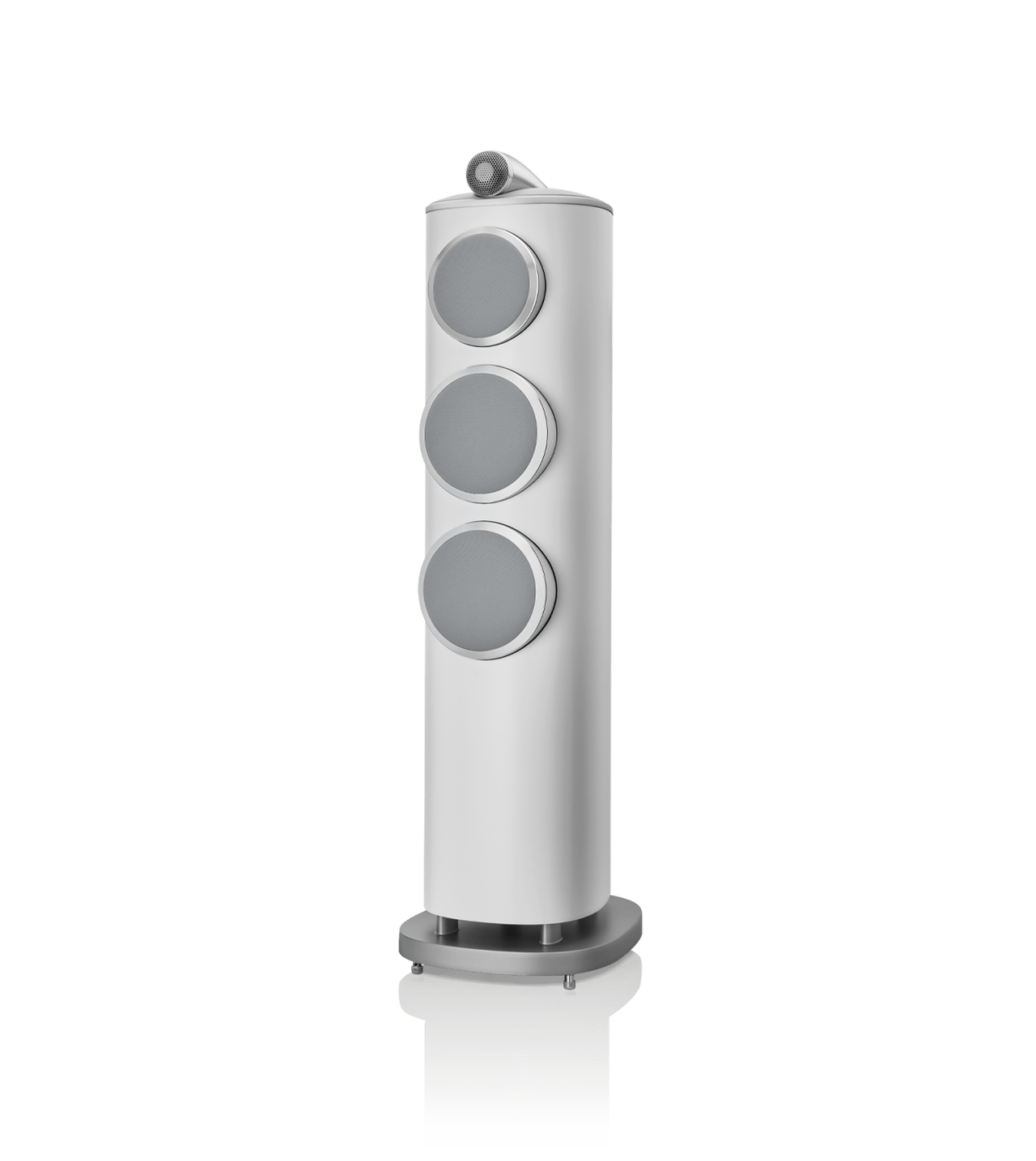 White floor-standing speaker with three circular drivers on a white background