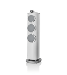 White floor-standing speaker with three circular drivers on a white background