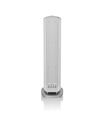 Tall cylindrical speaker on a white background