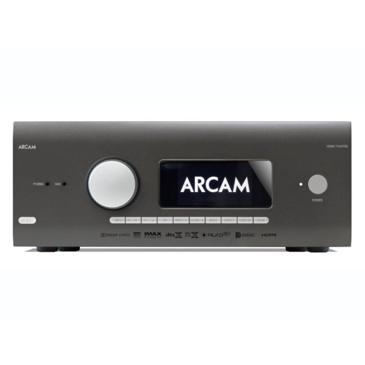 Gray Arcam AVR21 HDMI 2.1 High Power Class AB AV Receiver front view