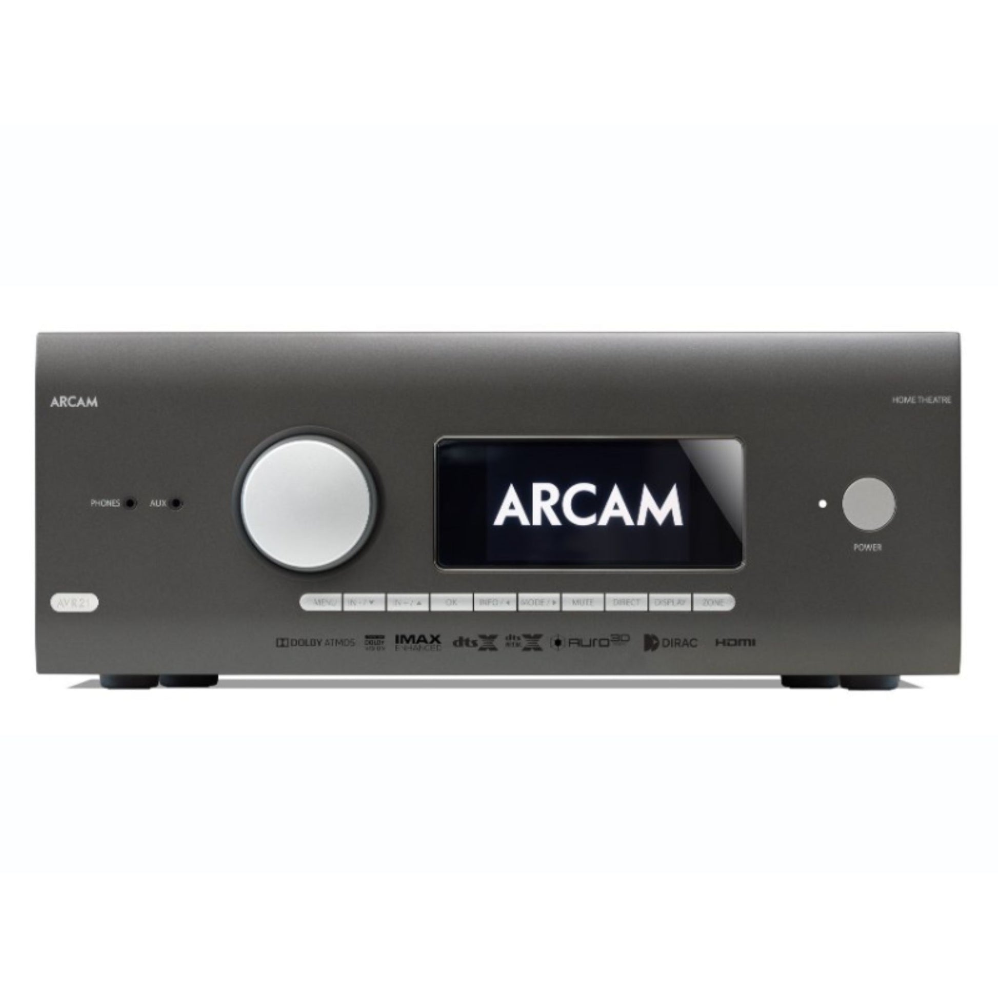 Gray Arcam AVR21 HDMI 2.1 High Power Class AB AV Receiver front view