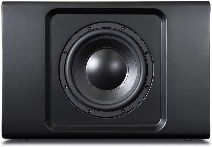 Black subwoofer with a prominent speaker cone on a black background