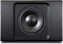 Black subwoofer with a prominent speaker cone on a black background