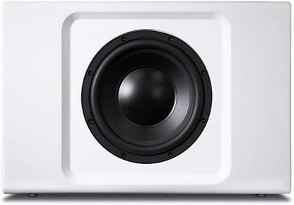 White speaker with black driver on a white background