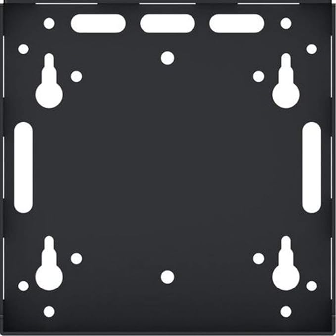Black TV mount bracket with white mounting points on a black background