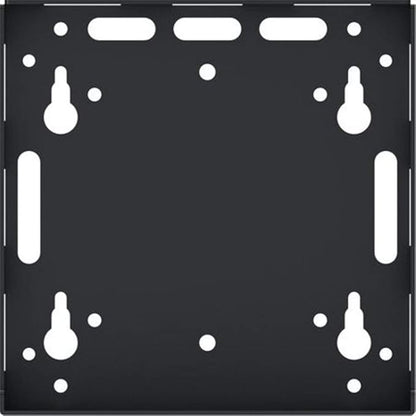 Black TV mount bracket with white mounting points on a black background