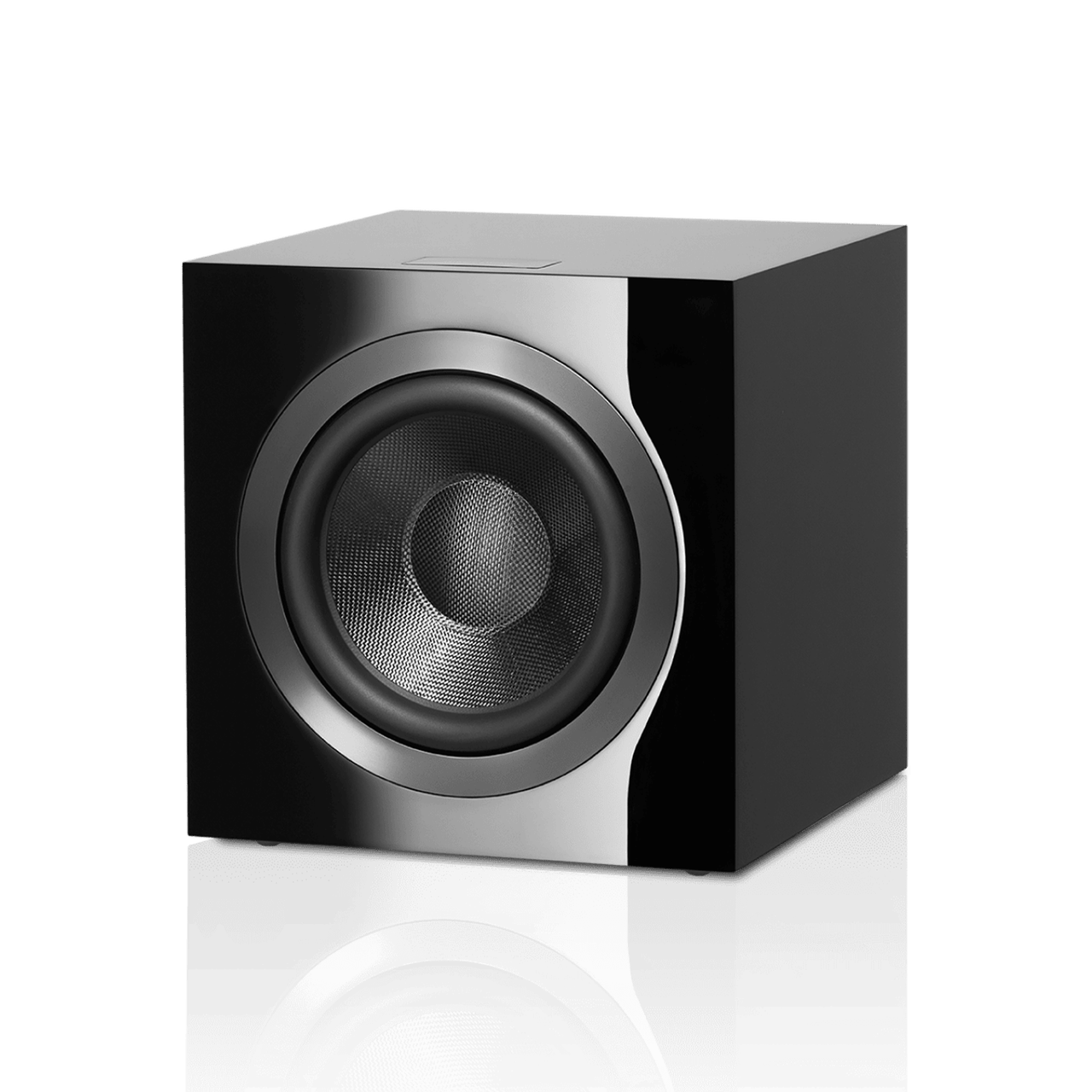 Black and silver subwoofer on a white background