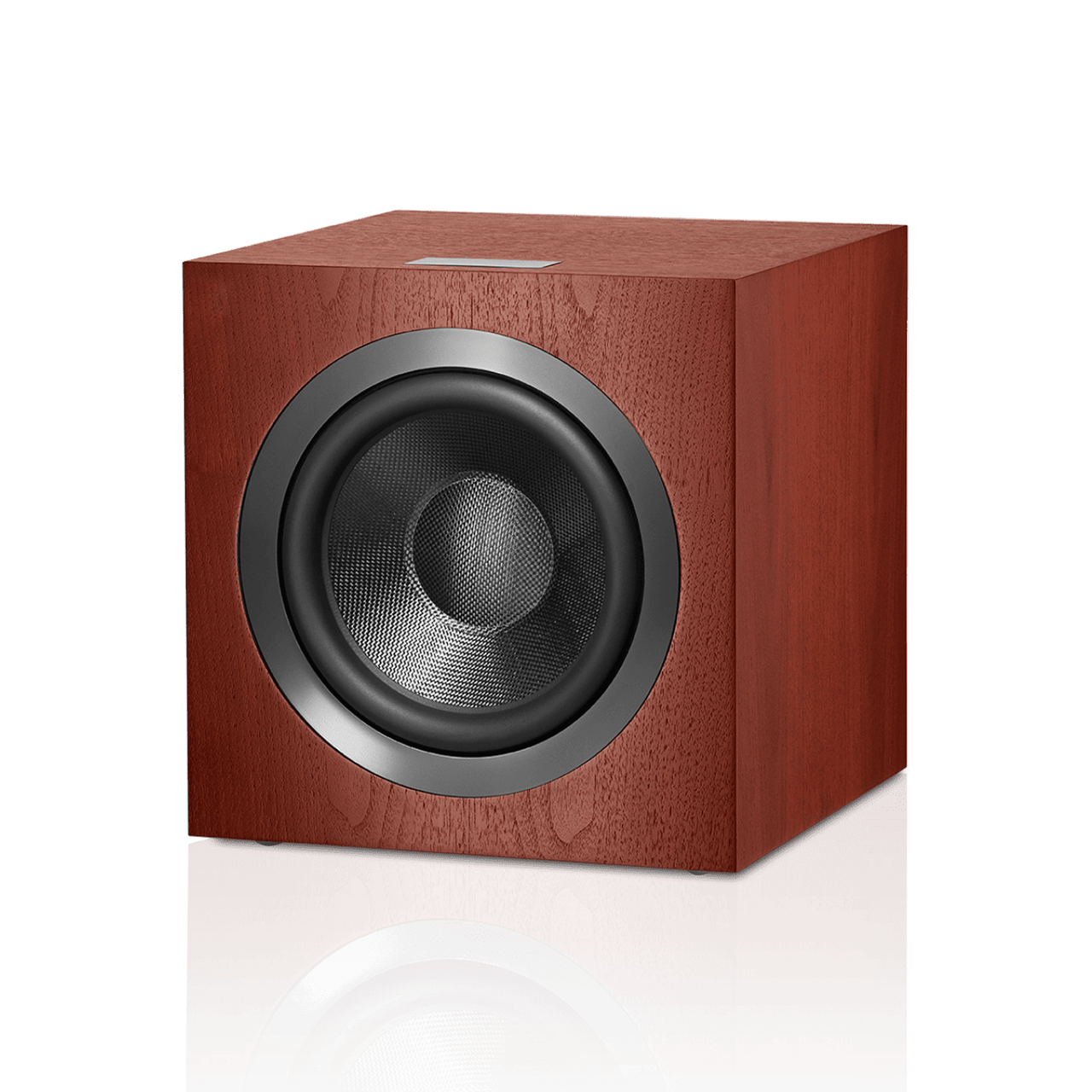 Wooden speaker with a black driver on a white background