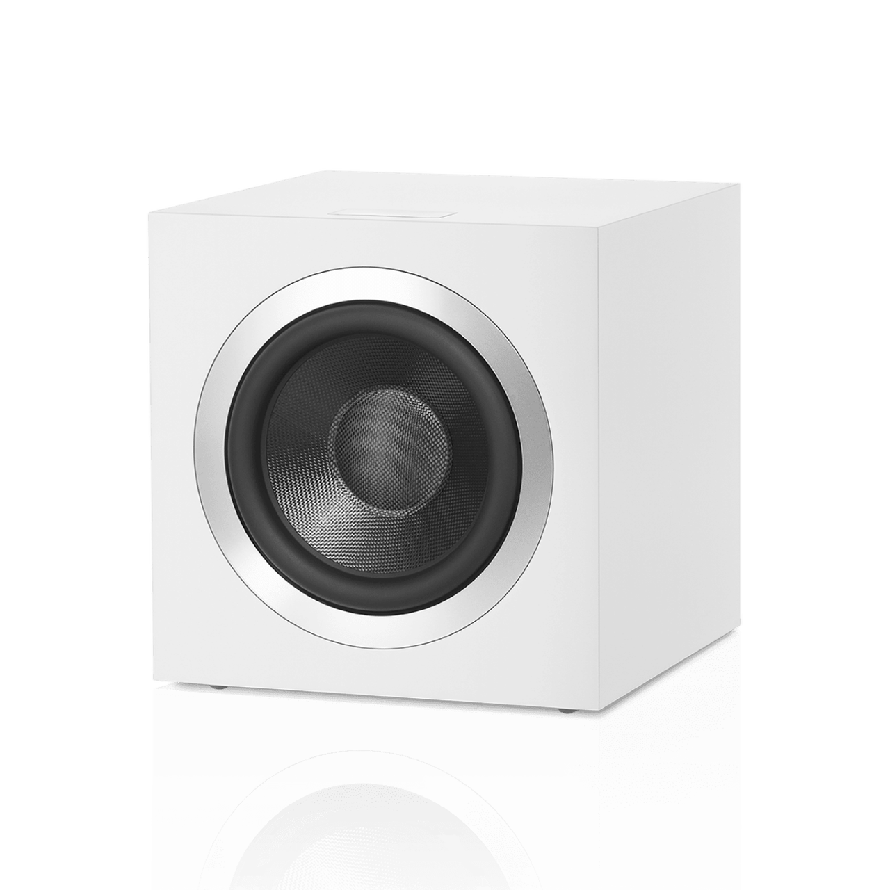 White speaker with black driver on a white background