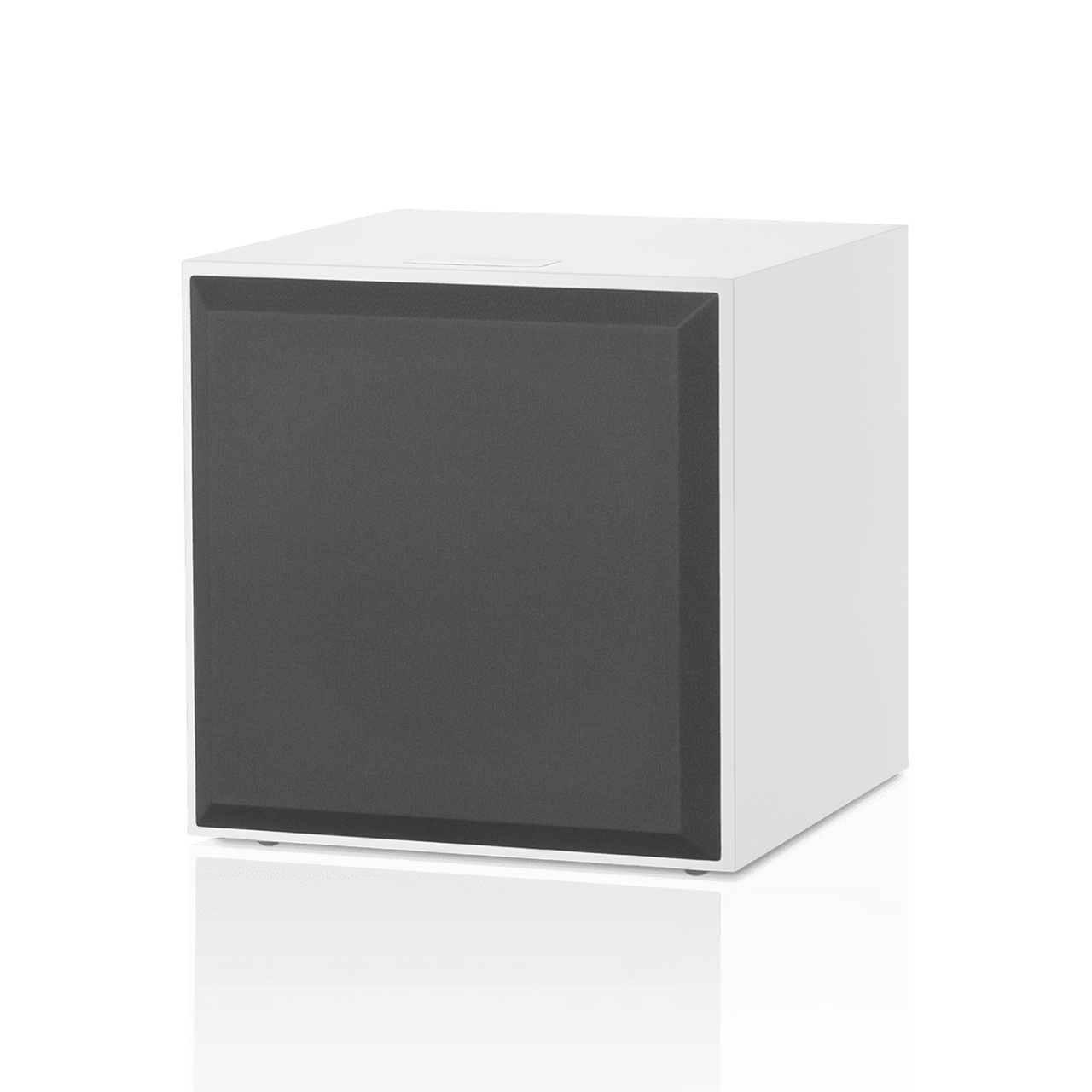 White cube with a black face on a white background