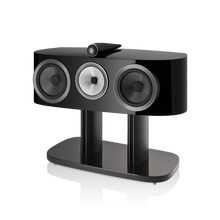 Black three-way speaker system on a white background