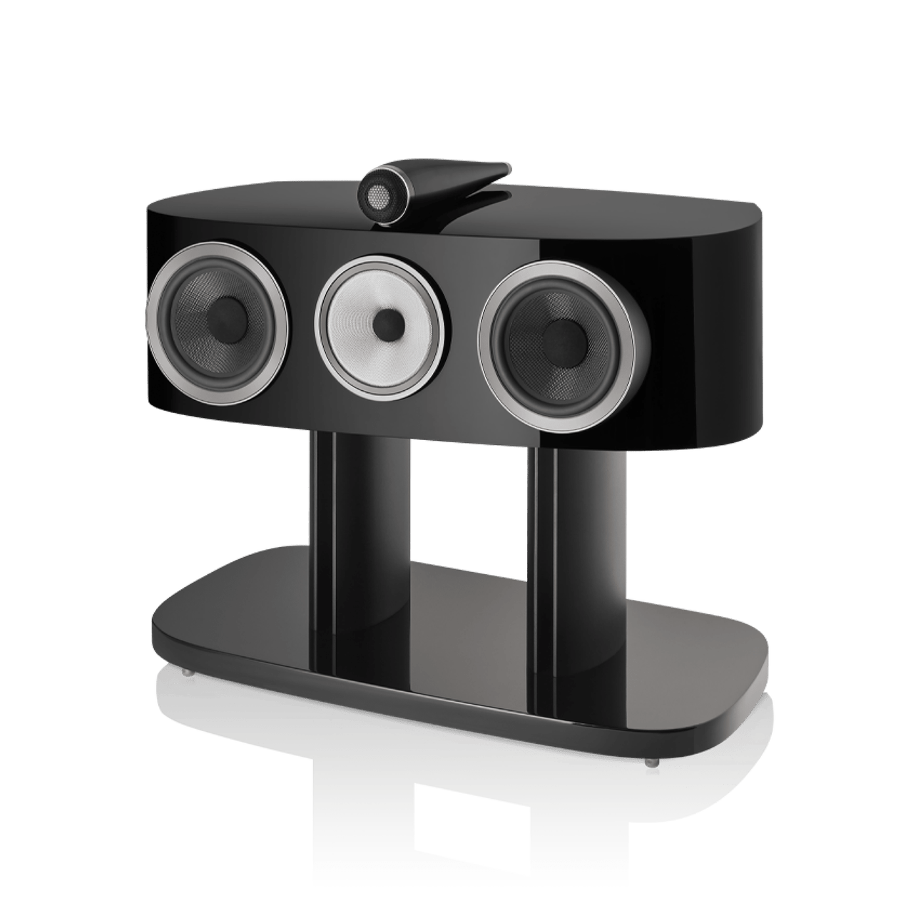 Black three-way speaker system on a white background