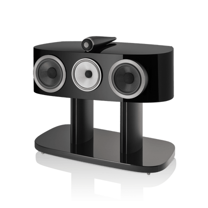 Black three-way speaker system on a white background