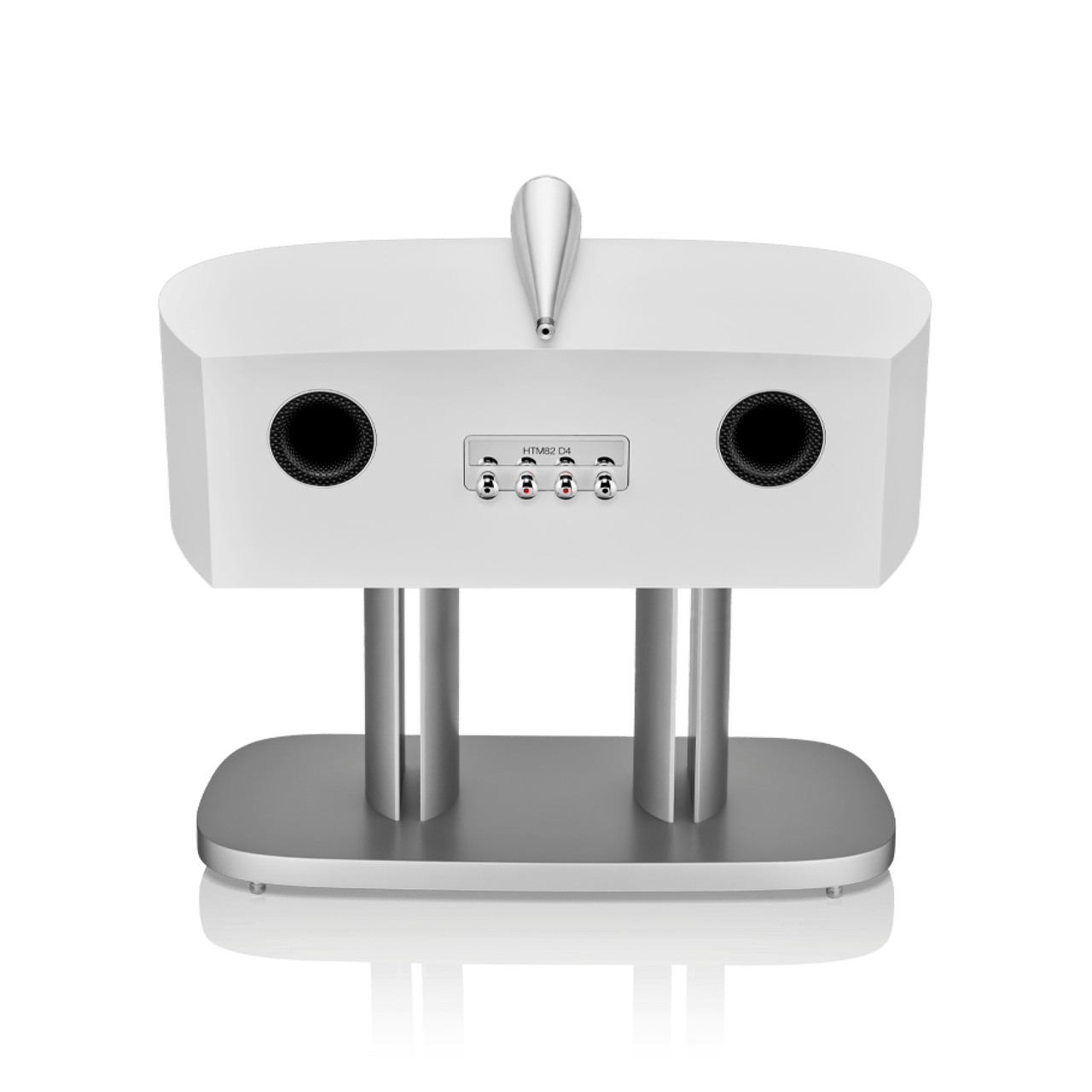 White electronic device with two speakers and a control panel on a white background