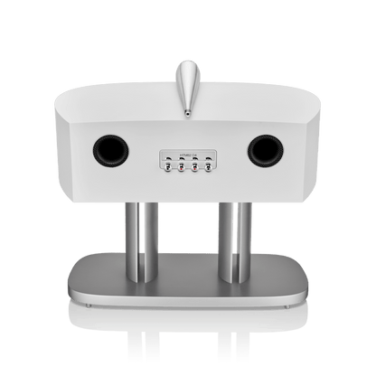 White electronic device with two speakers and a control panel on a white background