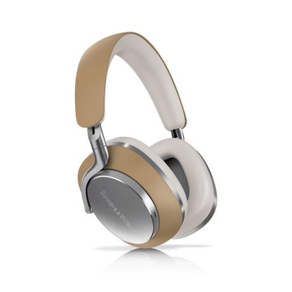 Beige and silver headphones on a white background