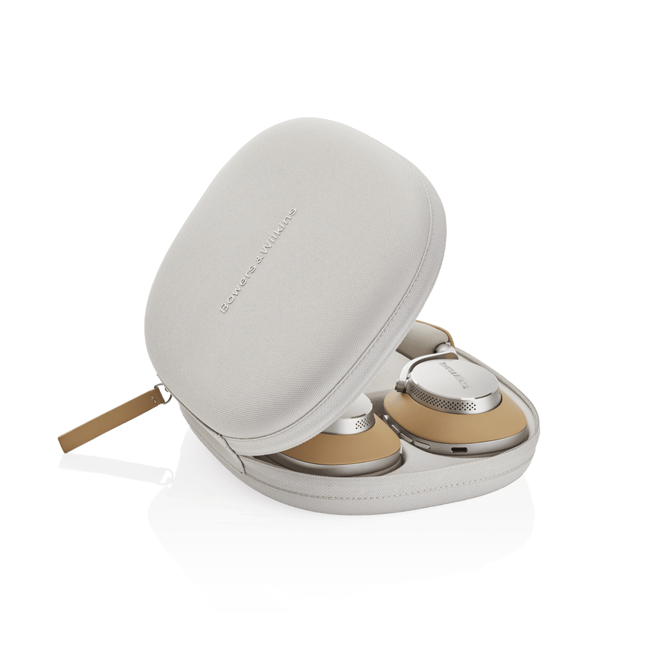 Gray case with wireless earbuds on a white background