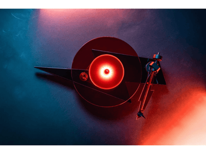 Surreal artwork of a figure on a futuristic vehicle with a red light against a blue and pink gradient background.